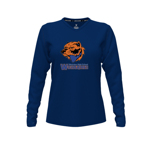 [FTLVCFNV-FYXS-LOGO3] Decker Comfort T-Shirt (Female Youth XS, Navy, V Neck, Logo 3, Long Sleeve)