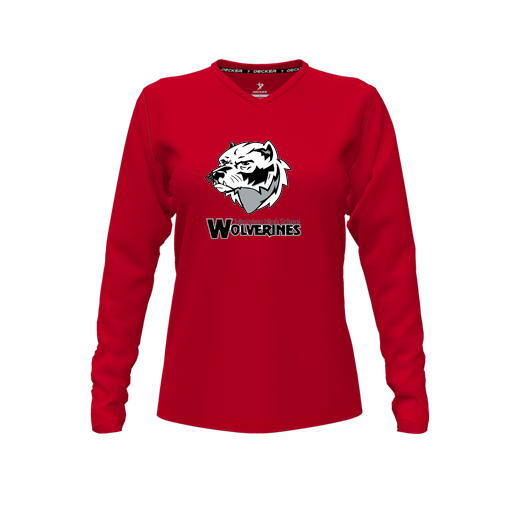 [FTLVCFRD-FYXS-LOGO2] Decker Comfort T-Shirt (Female Youth XS, Red, V Neck, Logo 2, Long Sleeve)