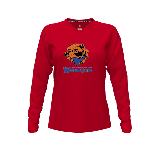 [FTLVCFRD-FYXS-LOGO3] Decker Comfort T-Shirt (Female Youth XS, Red, V Neck, Logo 3, Long Sleeve)