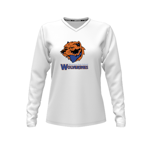 [CUS-DFW-TEES-PER-VNK-LSL-WHT-FYXS-LOGO3] Performance T-Shirt (Female Youth XS, White, V Neck, Logo 3, Long Sleeve)